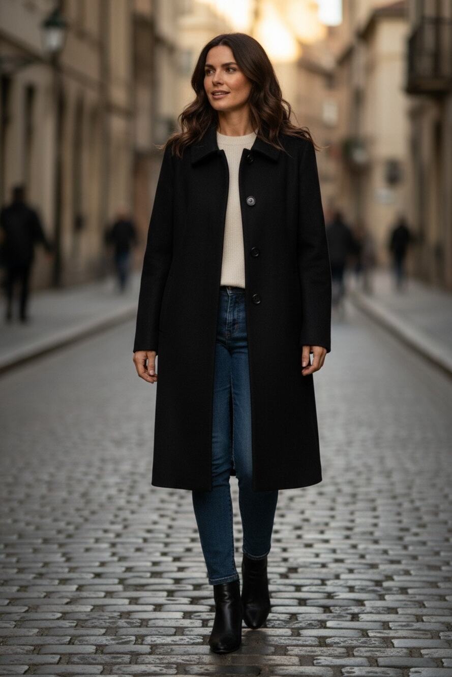 Lands' End Women's 16P Petite Black Wool Blend Coat Mid Length Single Breasted